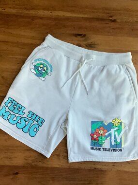 MTV White Shorts with Teal and Multicolor Graphics